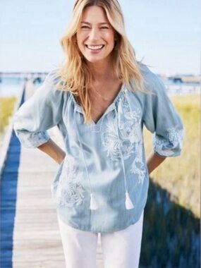 Soft Surroundings Diya Embroidered Tencel Peasant Top NWOT Size L